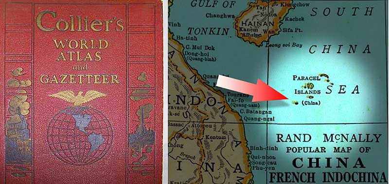 1947美國出版的《collier’s World Atlas and Gazetteer》地圖在Paracel  Islands（即西沙群島）名字下，加入（China）標簽